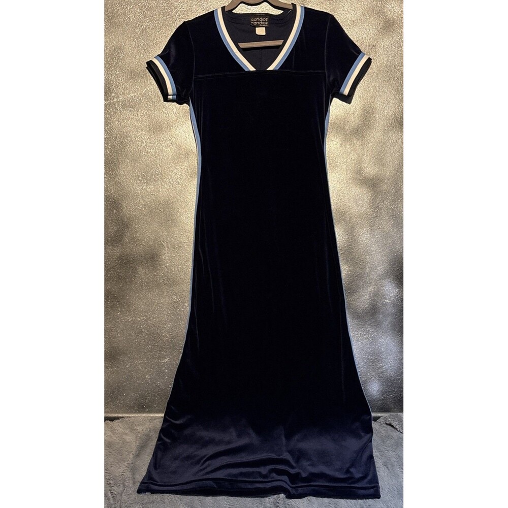 Y2K 90’s VTG Candice Candice Velour Velvet Dress Size S Blue Short Sleeve V Neck